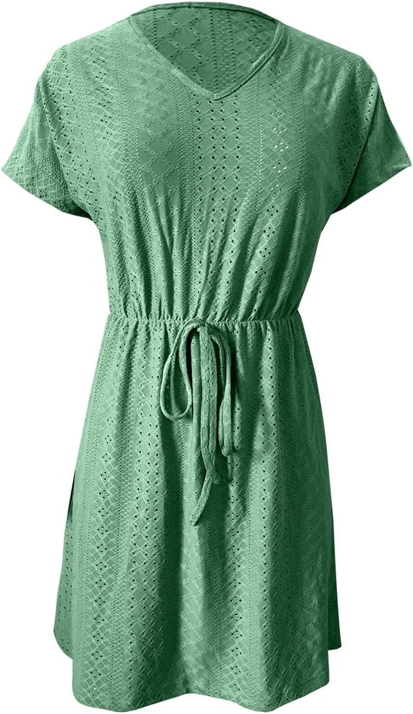 Women's Swimsuit Cover Ups V-Neck Slit Eyelet Embroidery Bikini Beachwear Flowy Short Sleeve Beach Dress