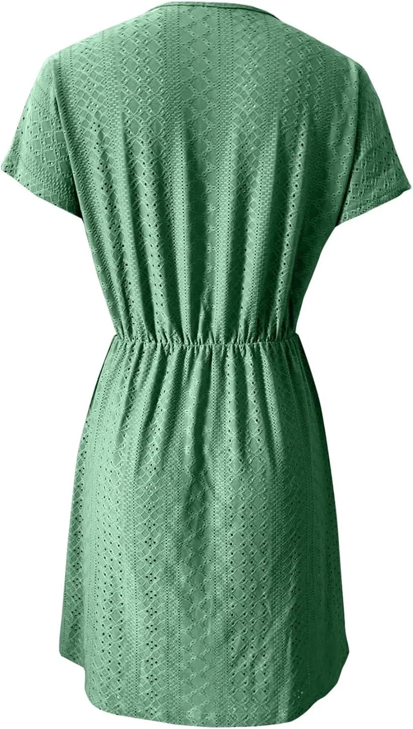 Women's Swimsuit Cover Ups V-Neck Slit Eyelet Embroidery Bikini Beachwear Flowy Short Sleeve Beach Dress