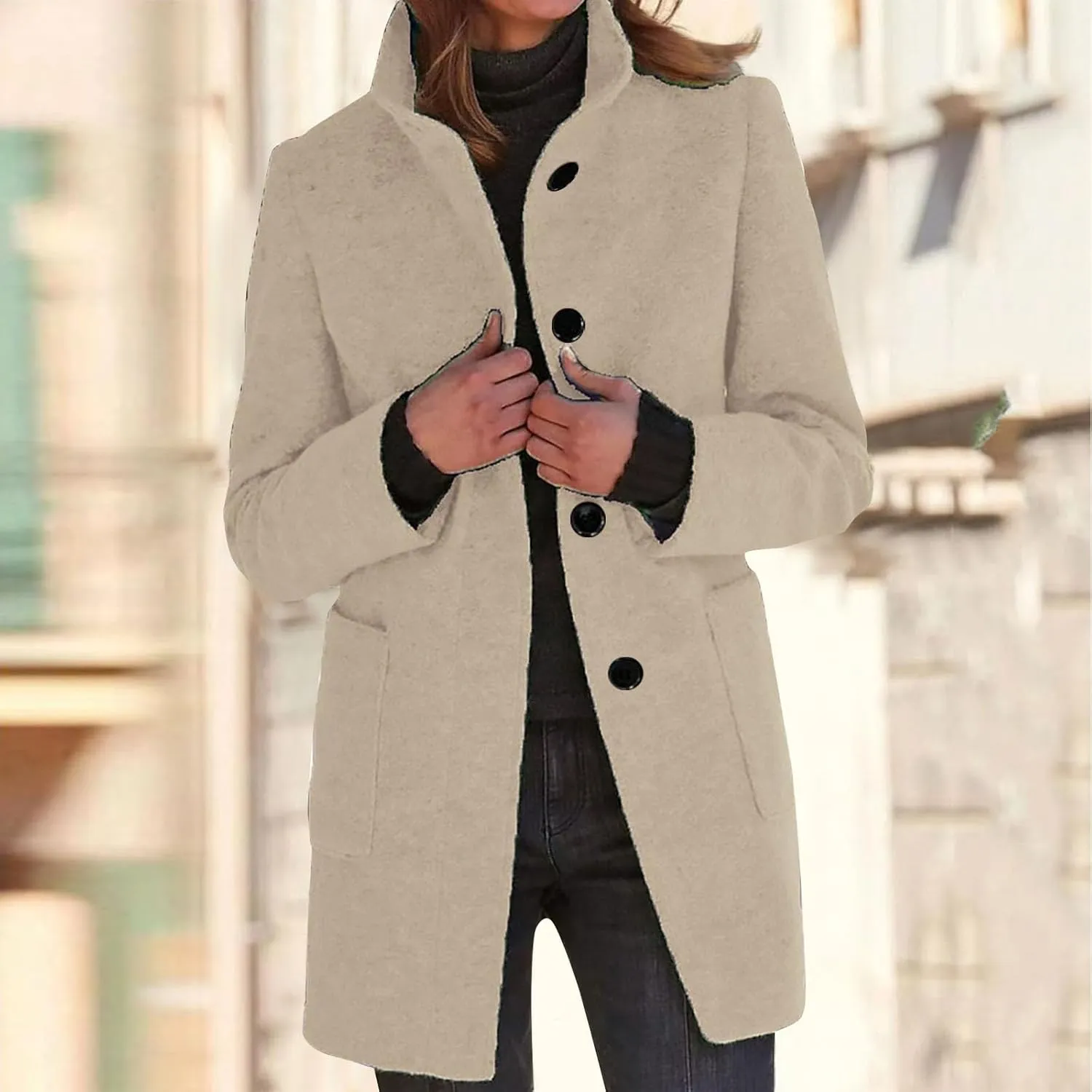Women's Winter Single Breasted Pea Coat Casaul Fashion Mid Long Jacket Stand Collar Wool Elegant Oversized Coats