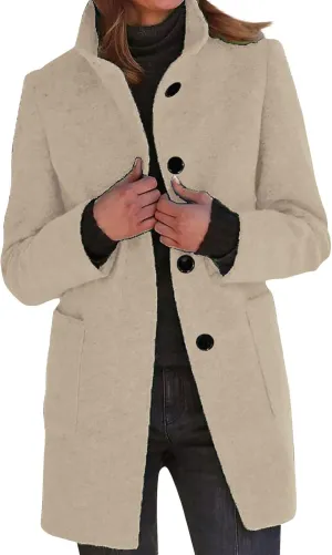 Women's Winter Single Breasted Pea Coat Casaul Fashion Mid Long Jacket Stand Collar Wool Elegant Oversized Coats