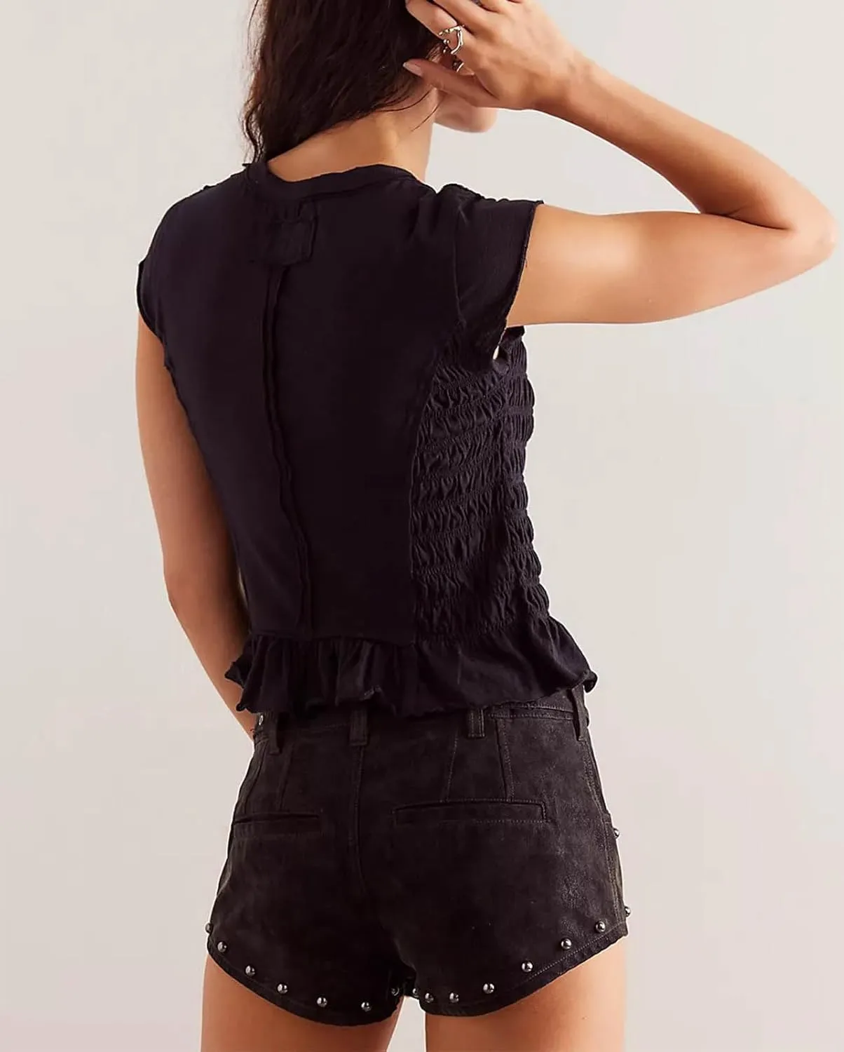 Yuemengxuan Womens Summer Top Cap Sleeve Smocked Shirts Ruffle Hem Going Out Tops Shirred Tank Crop Tee Y2K Outfits