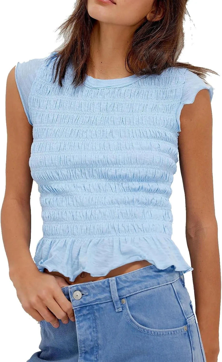 Yuemengxuan Womens Summer Top Cap Sleeve Smocked Shirts Ruffle Hem Going Out Tops Shirred Tank Crop Tee Y2K Outfits
