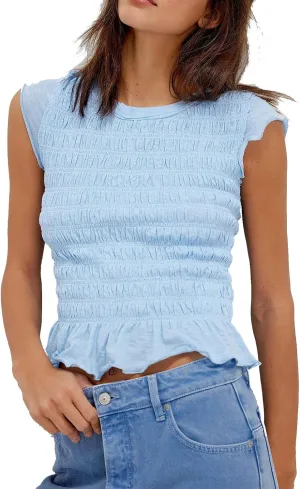 Yuemengxuan Womens Summer Top Cap Sleeve Smocked Shirts Ruffle Hem Going Out Tops Shirred Tank Crop Tee Y2K Outfits