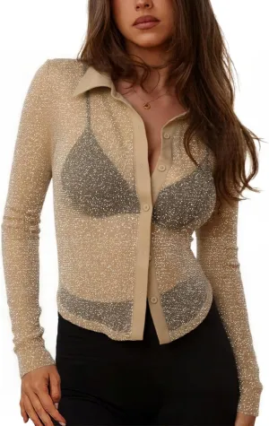 ZANZEA Women's Sexy Mesh Shirt Sheer Button Up Blouse See Through Long Sleeve Crop Top