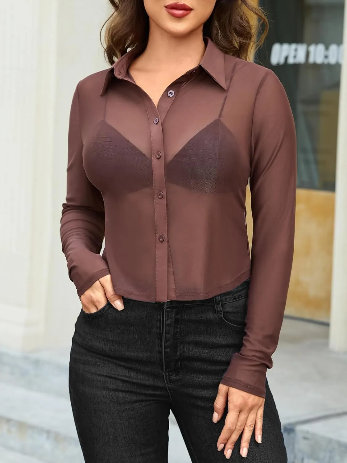 ZANZEA Women's Sexy Mesh Shirt Sheer Button Up Blouse See Through Long Sleeve Crop Top