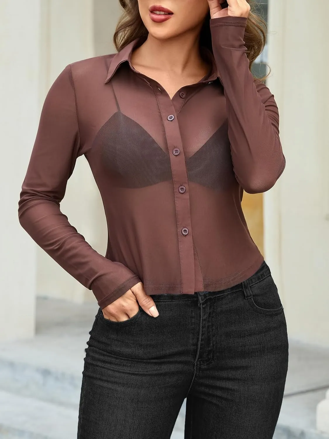 ZANZEA Women's Sexy Mesh Shirt Sheer Button Up Blouse See Through Long Sleeve Crop Top