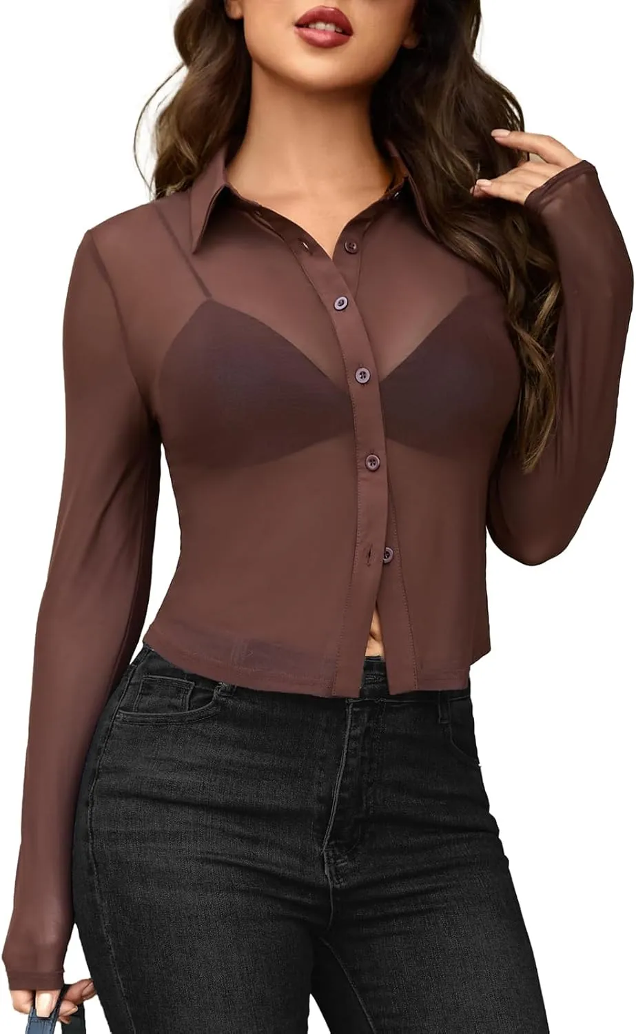 ZANZEA Women's Sexy Mesh Shirt Sheer Button Up Blouse See Through Long Sleeve Crop Top