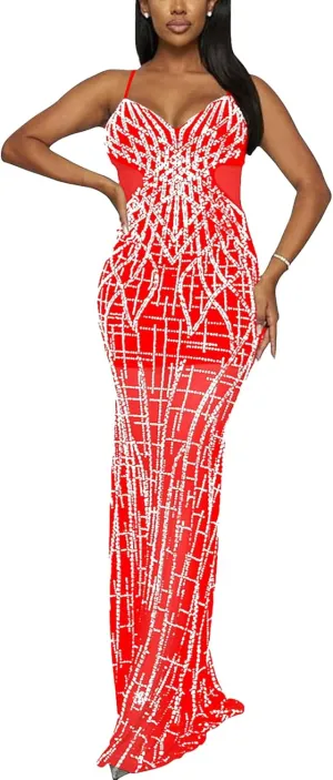 Zoctuo Women's Sexy Rhinestone Sleeveless Birthday Party Club Outfit Mesh See Through Bodycon Maxi Formal Evening Dress